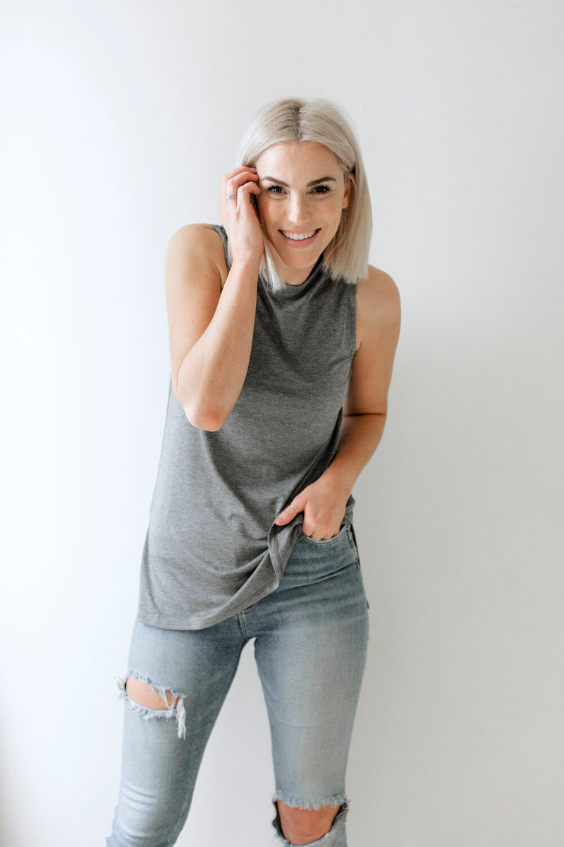 Grey Scoop Neck Tank Top With Side Slits
